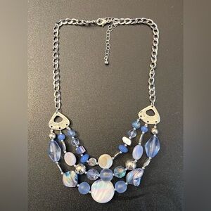 Silver Tone Dyed Shell Blue Silver Bead Curb Chain Bib Boho Necklace